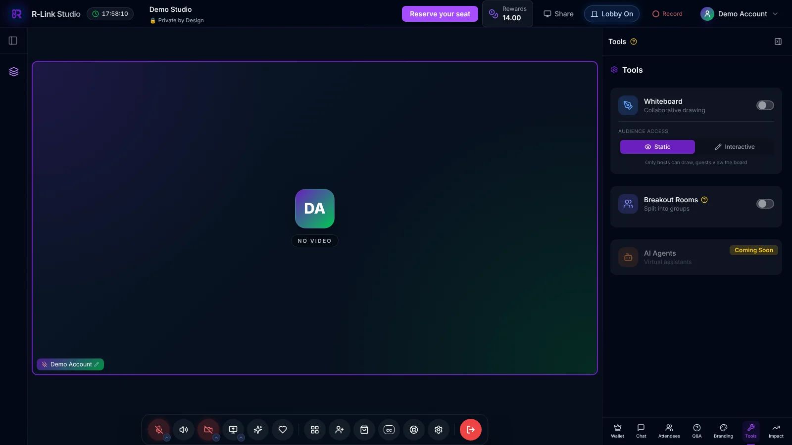The Tools panel in an R-Link Studio room, with cards for Whiteboard, Breakout Rooms (Split into groups) with an on/off toggle, and AI Agents marked Coming Soon.
