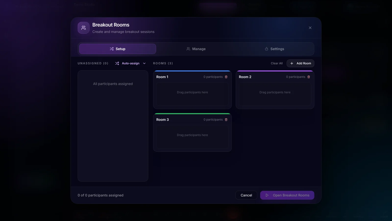 The Breakout Rooms window in R-Link Studio on the Setup tab, showing an Unassigned list with an Auto-assign option, three rooms (Room 1, Room 2 and Room 3) with Drag participants here areas, an Add Room button and an Open Breakout Rooms button.