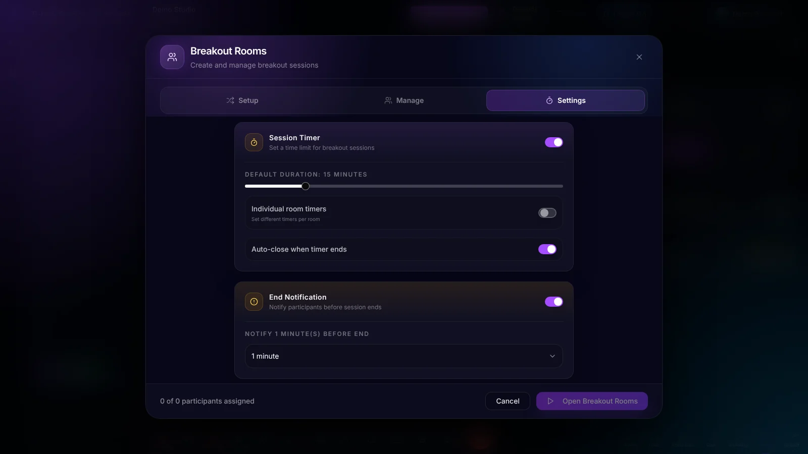 The Settings tab of the Breakout Rooms window in R-Link Studio, with Session Timer switched on at a 15-minute default duration, an Individual room timers toggle, Auto-close when timer ends switched on, and End Notification set to 1 minute before the end.