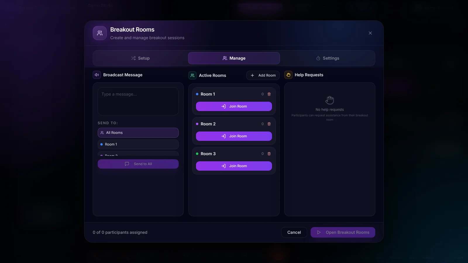 The Manage tab of the Breakout Rooms window in R-Link Studio, with a Broadcast Message box that can send to all rooms or one room, a list of Active Rooms each with a Join Room button, and an empty Help Requests panel.