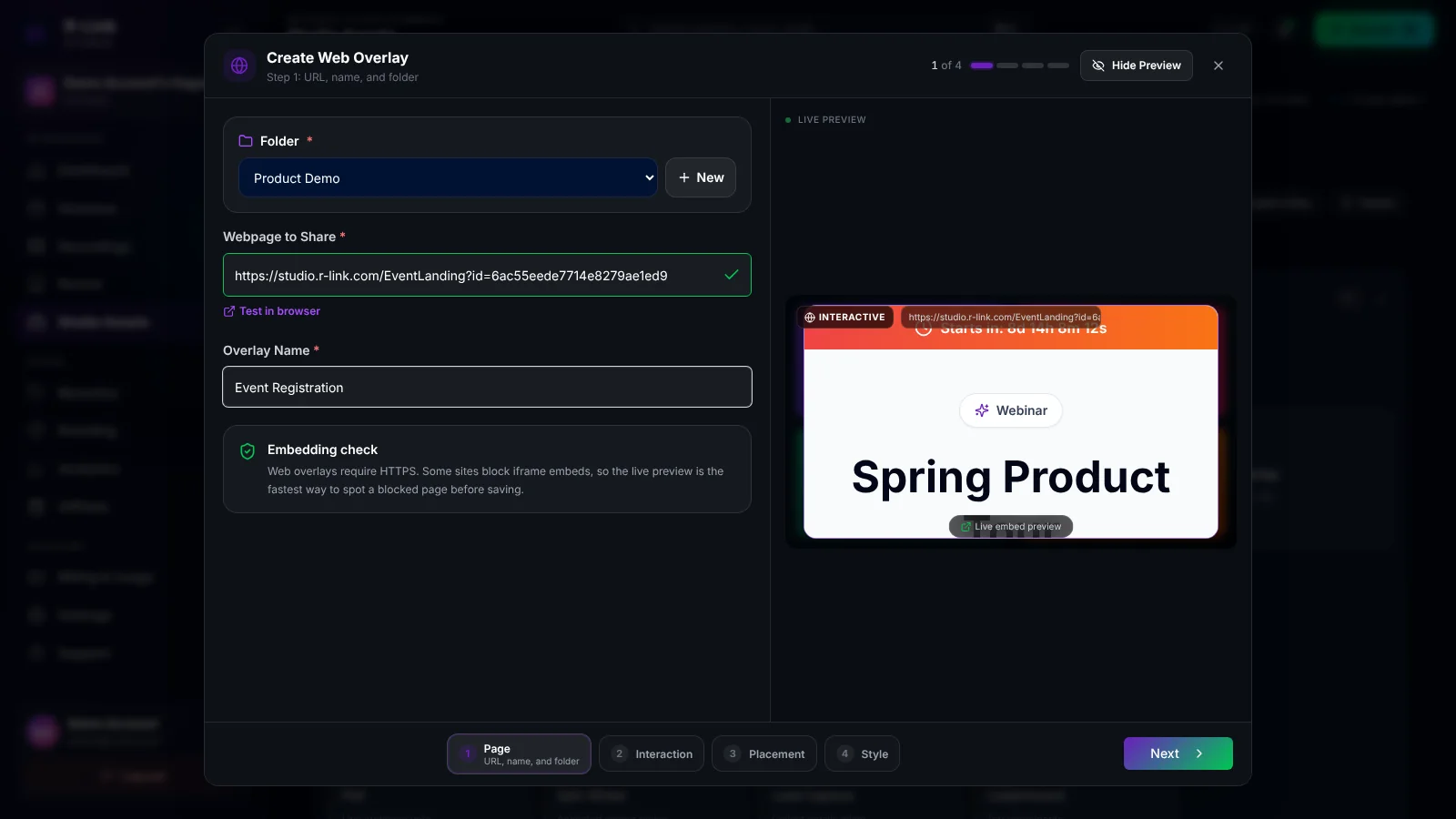 Step 1 of the Create Web Overlay wizard in R-Link Studio. The Product Demo folder is selected, the webpage to share is a demo event registration page, the overlay is named Event Registration, and a live preview of the Spring Product Tour page appears on the right.