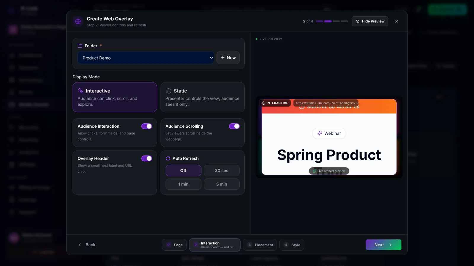 Step 2 of the Create Web Overlay wizard, showing Interactive and Static display modes, toggles for audience interaction, audience scrolling and the overlay header, and auto refresh options.