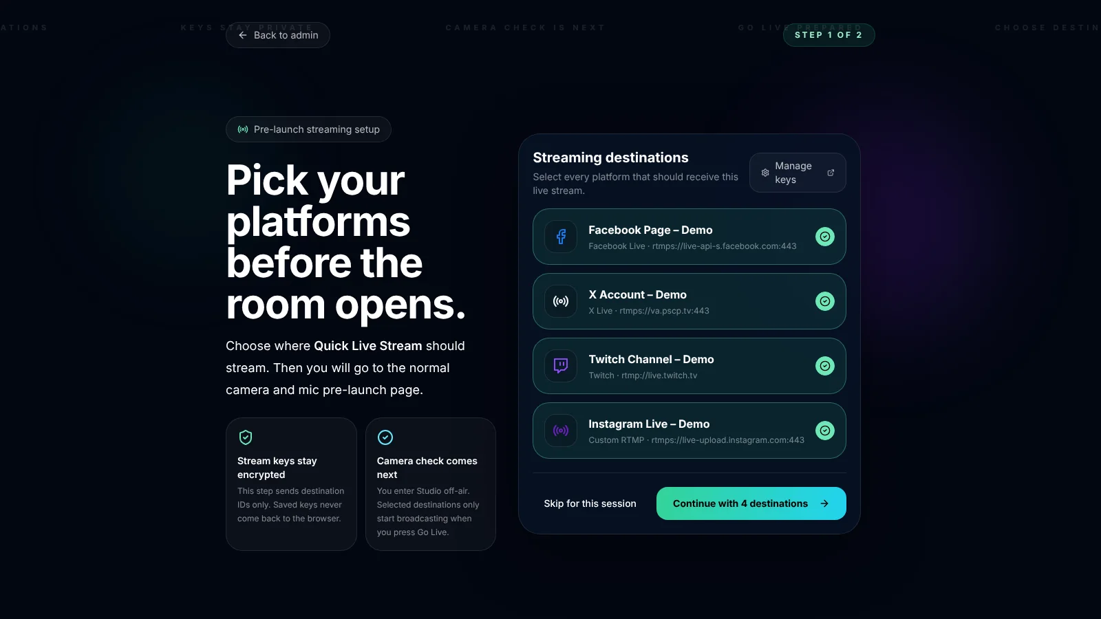 R-Link Studio pre-launch streaming setup titled Pick your platforms before the room opens, listing saved demo destinations for Facebook, X, Twitch and Instagram with a Continue with 4 destinations button.