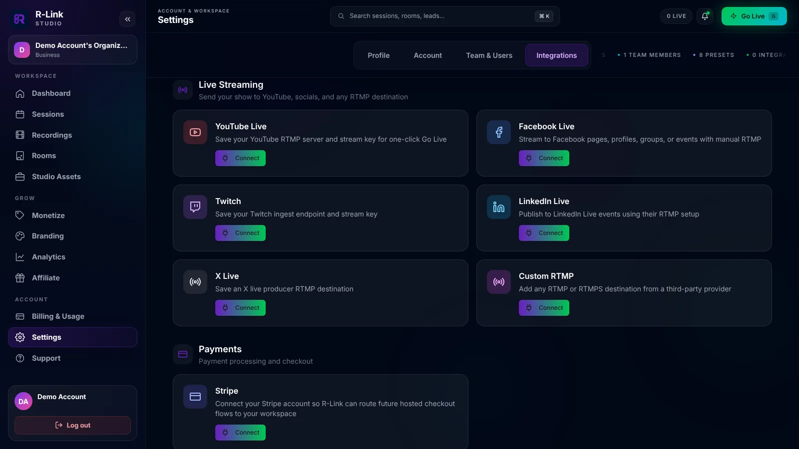 The Live Streaming section of Integrations in R-Link Studio settings, with Connect buttons for YouTube Live, Facebook Live, Twitch, LinkedIn Live, X Live and Custom RTMP.