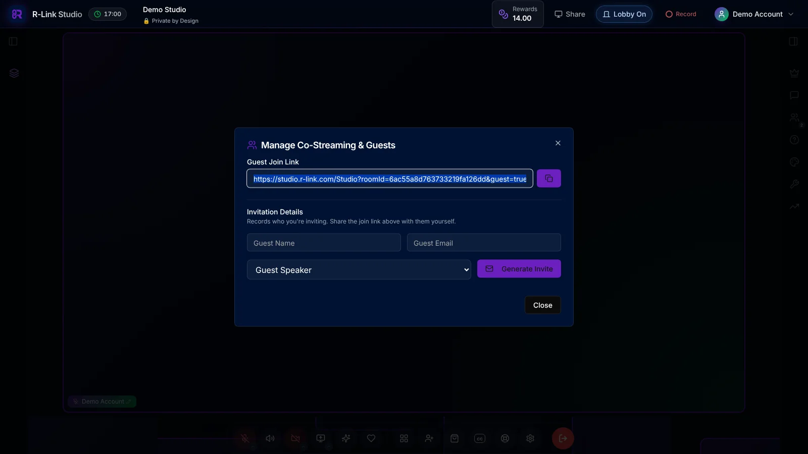 The Manage Co-Streaming & Guests window in an R-Link Studio room, showing a guest join link with a copy button, fields for a guest name and email, a Guest Speaker role menu and a Generate Invite button.