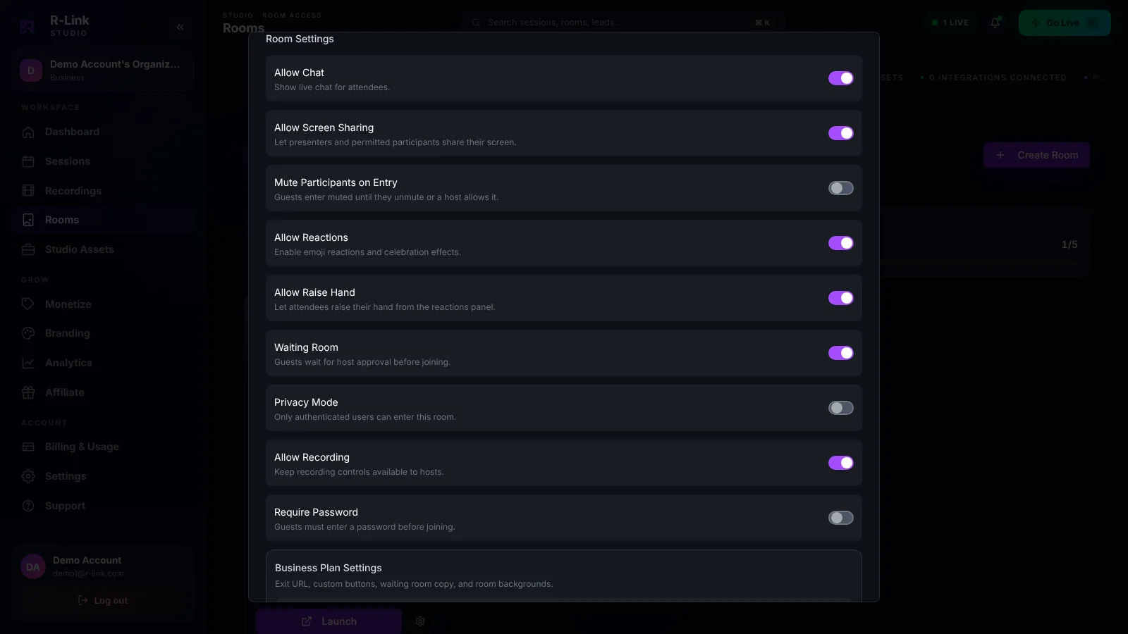 Room Settings in the R-Link Studio Edit Room window, with toggles for Allow Chat, Allow Screen Sharing, Mute Participants on Entry, Allow Reactions, Allow Raise Hand, Waiting Room, Privacy Mode, Allow Recording and Require Password.