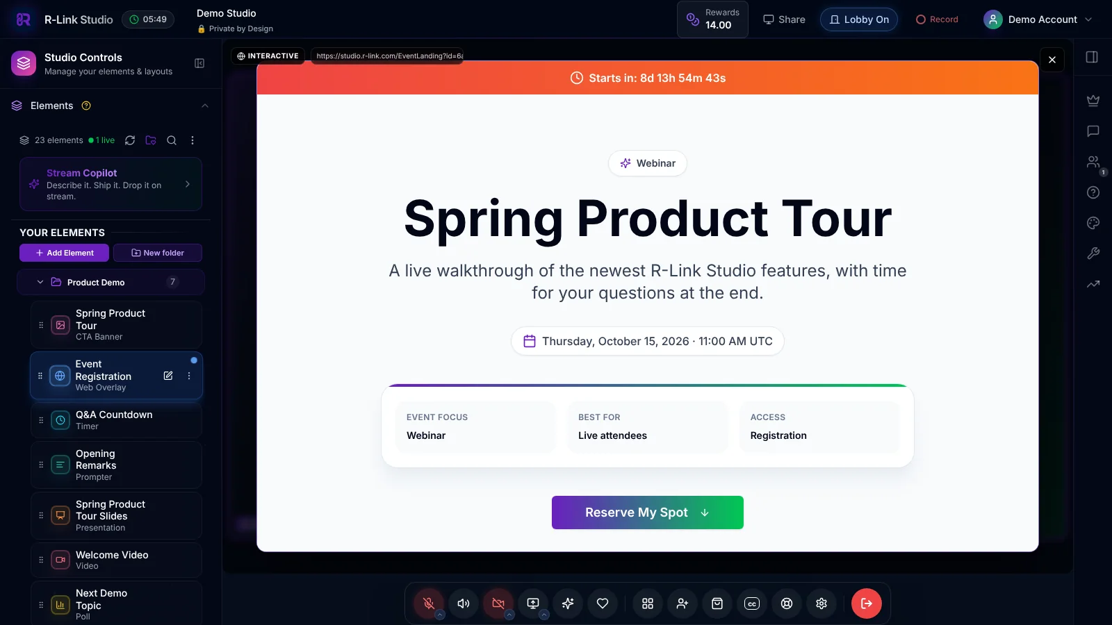 A live R-Link Studio room showing a web overlay on stage: an interactive Spring Product Tour registration page with a Reserve My Spot button.