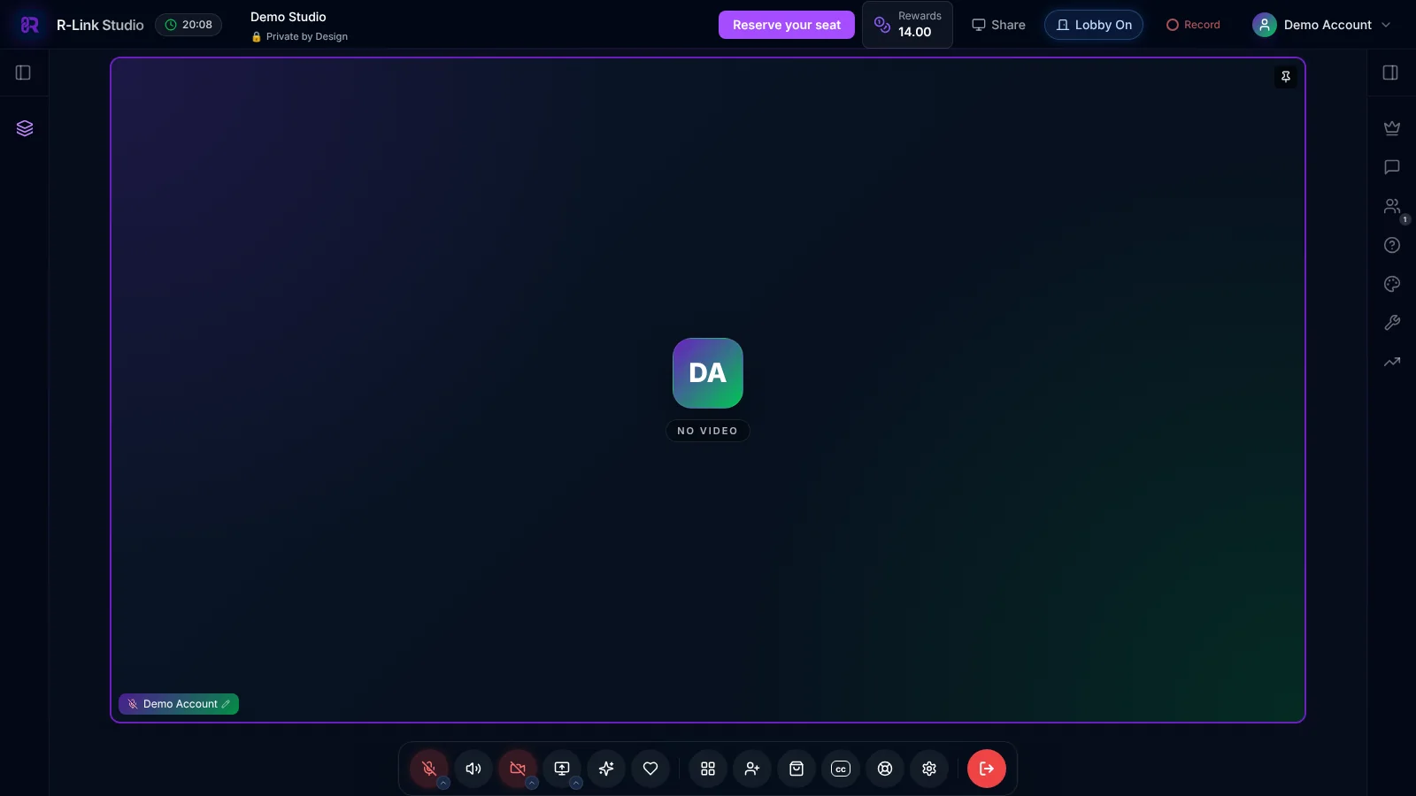 R-Link Studio room with a purple Reserve your seat custom button in the top bar, next to the Rewards, Share, Lobby and Record controls.