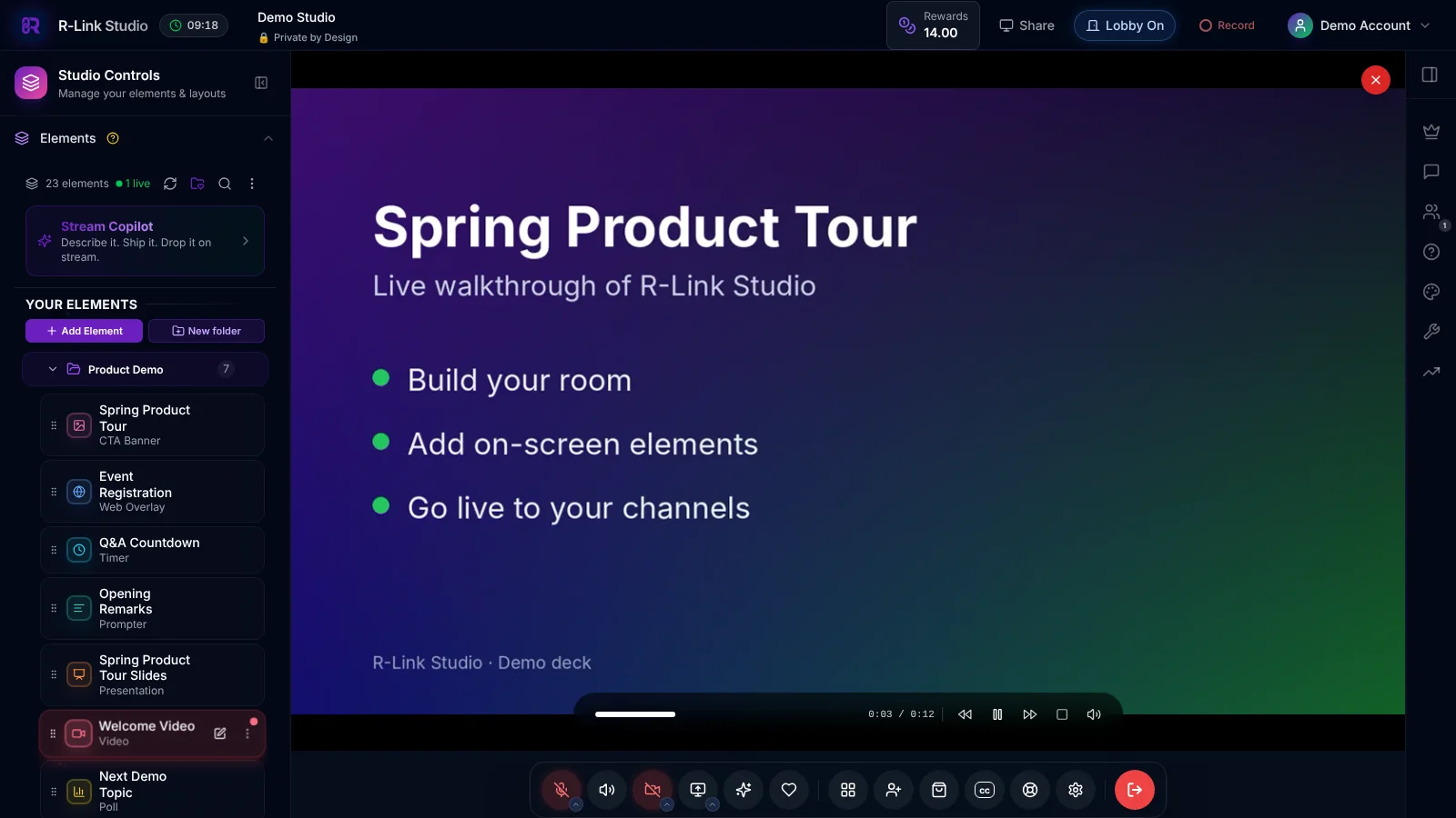 A video element playing on stage in R-Link Studio: a Spring Product Tour title slide with playback controls along the bottom.