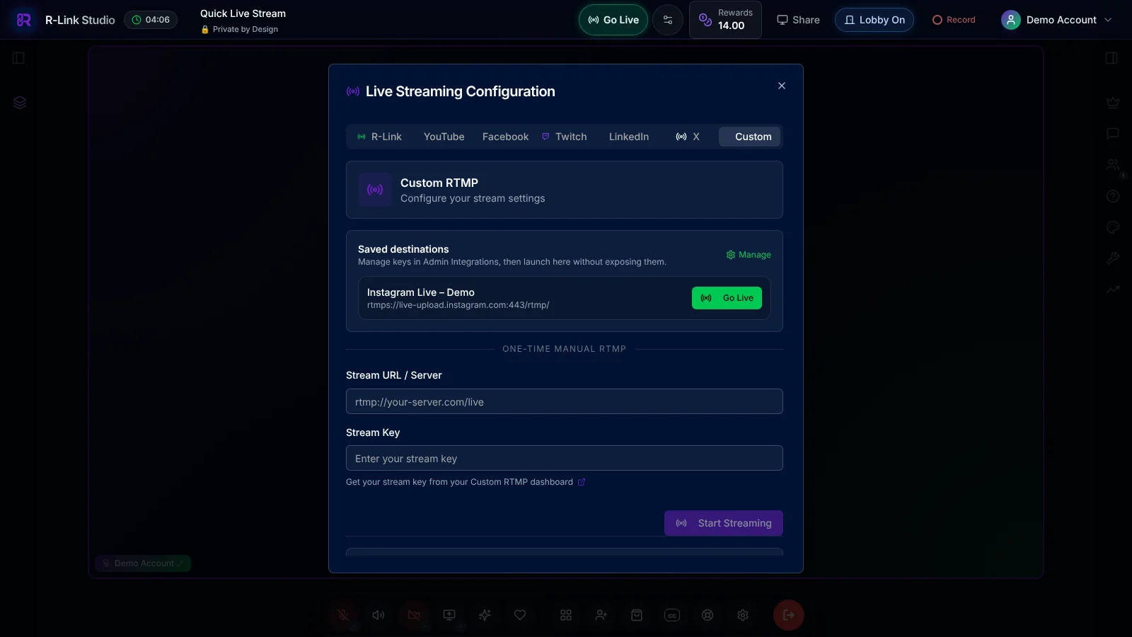 The Live Streaming Configuration window inside an R-Link Studio room with the Custom tab open, showing the saved Instagram Live – Demo destination with a Go Live button and a one-time manual RTMP option.