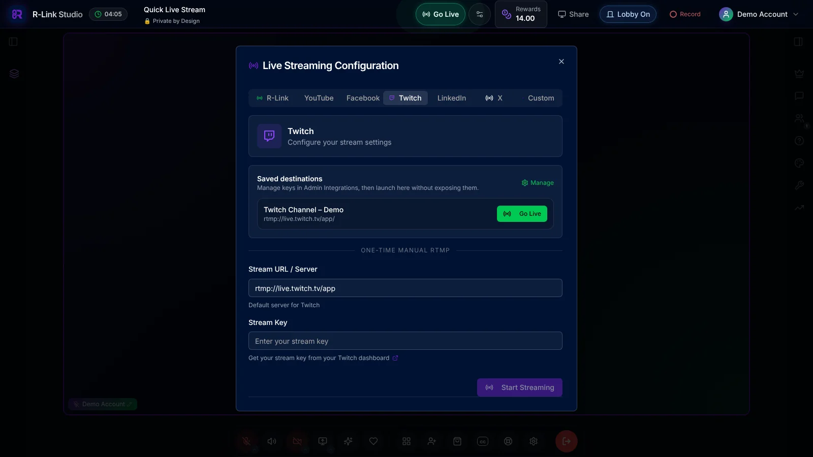 The Live Streaming Configuration window inside an R-Link Studio room with the Twitch tab open, showing the saved Twitch Channel – Demo destination with a Go Live button and a one-time manual RTMP option.